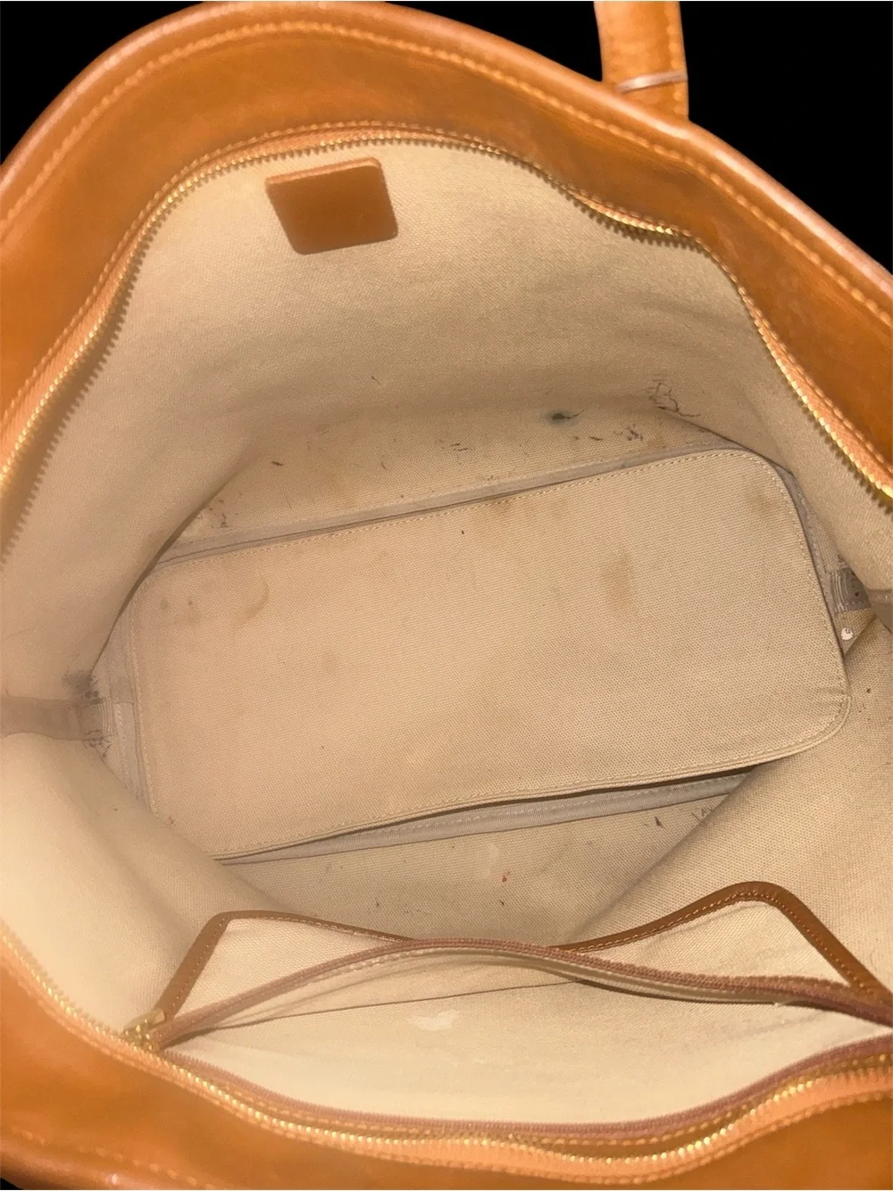 MCM Cognac Monogram Stripe Tote with Blue and Orange Center Stripe